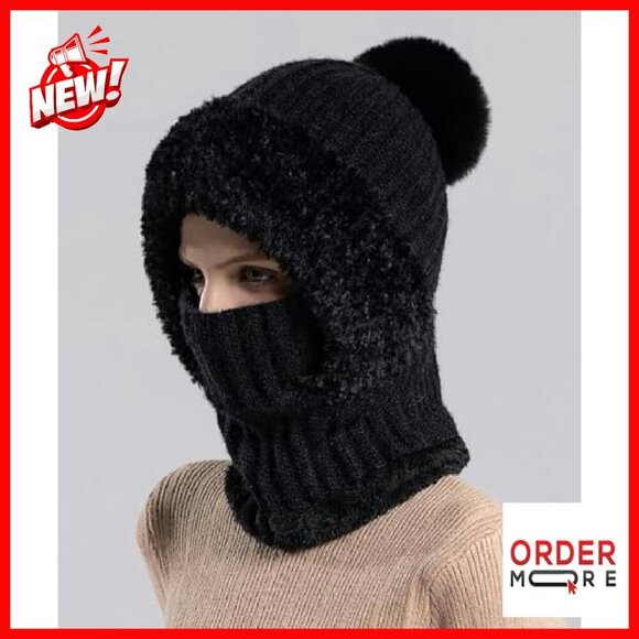Fleece Lined Knit Beanie Hat Scarf Mask Set Pompom Winter Warm